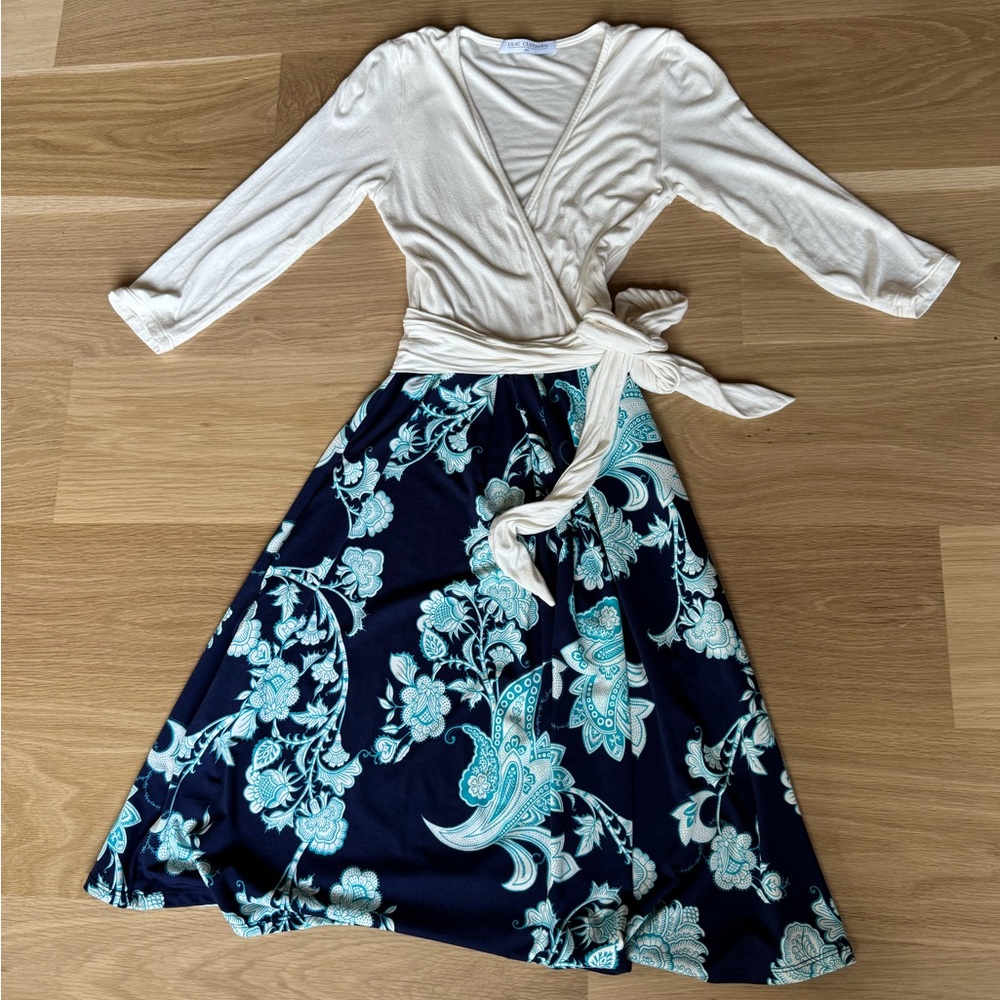 Lilac Clothing Maternity Navy and Cream Floral Faux Wrap A-Line Skirt